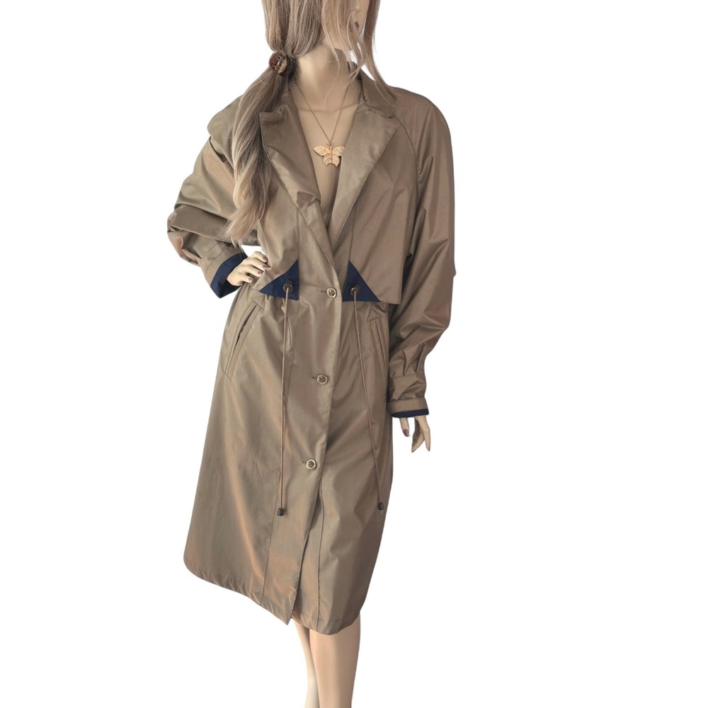 Vintage 80s‎ Taupe Trench Coat Duster Style Retro Femme Streetwear Dark Academia - Picture 4 of 9